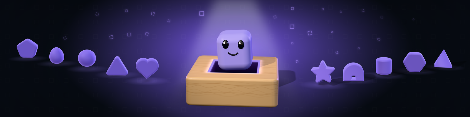 A smiling lavender cube sits in the glowing square hole of a wooden toy box, under a soft spotlight. Plain lavender shapes stand in line on either side: a pentagon, an egg, a ball, a triangle and a heart on the left; a star, an arch, a cylinder, a hexagon and a pyramid on the right.